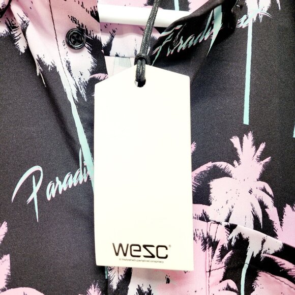 Wesc Mens Black Pink Palm Tree Print ButtonUp Shirt Short Sleeve Lightweight S - Picture 8 of 10
